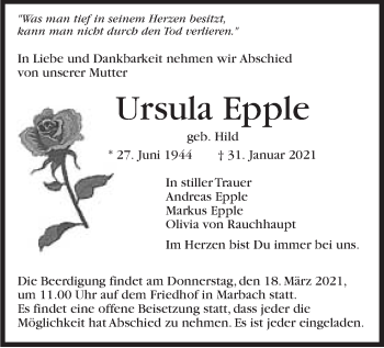 Traueranzeige von Ursula Epple von Marbacher Zeitung