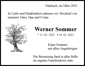 Traueranzeige von Werner Sommer von Marbacher Zeitung