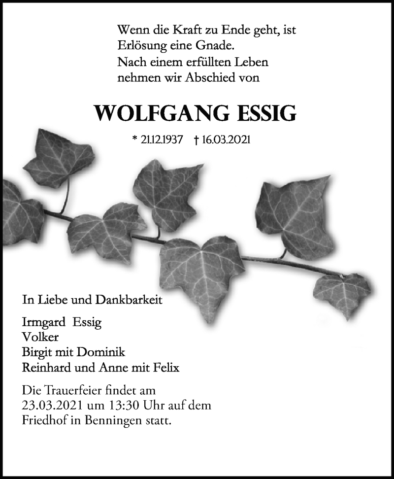  Traueranzeige für Wolfgang Essig vom 20.03.2021 aus Marbacher Zeitung