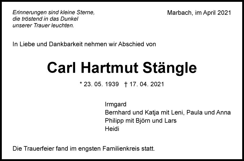  Traueranzeige für Carl Hartmut Stängle vom 24.04.2021 aus Marbacher Zeitung