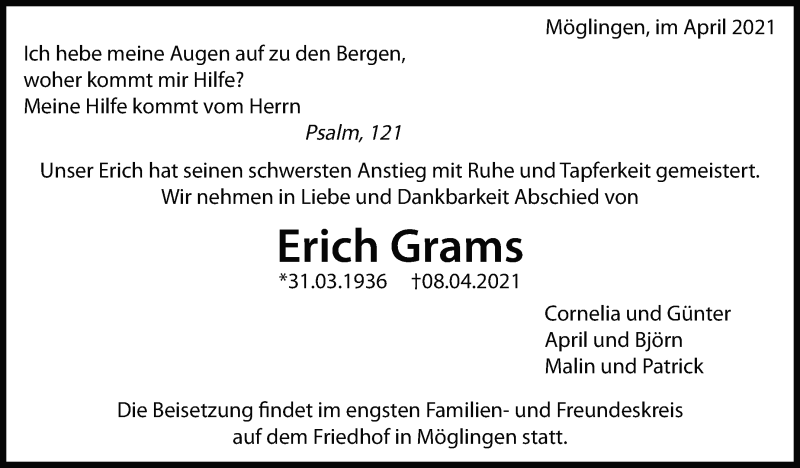  Traueranzeige für Erich Grams vom 24.04.2021 aus Marbacher Zeitung