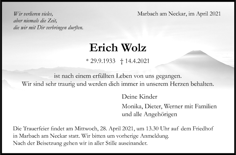  Traueranzeige für Erich Wolz vom 17.04.2021 aus Marbacher Zeitung