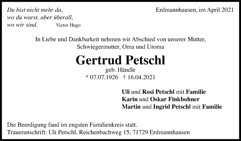  Traueranzeige für Gertrud Petschl vom 23.04.2021 aus Marbacher Zeitung