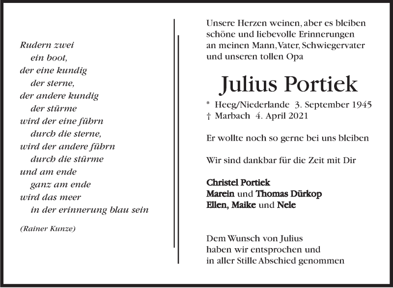  Traueranzeige für Julius Portiek vom 10.04.2021 aus Marbacher Zeitung