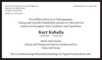 Traueranzeige von Kurt Kuballa von Marbacher Zeitung