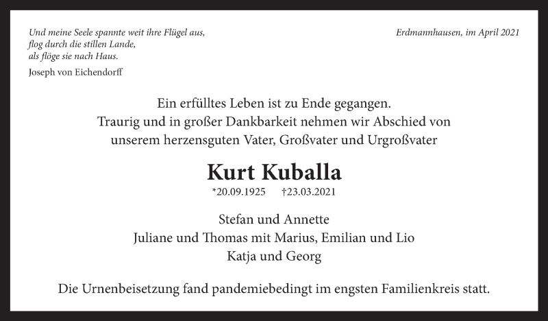  Traueranzeige für Kurt Kuballa vom 21.04.2021 aus Marbacher Zeitung