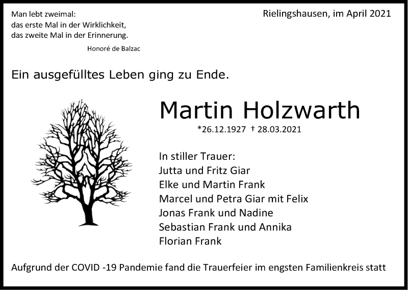  Traueranzeige für Martin Holzwarth vom 09.04.2021 aus Marbacher Zeitung