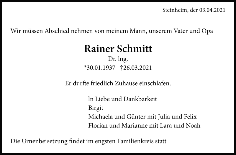  Traueranzeige für Rainer Schmitt vom 03.04.2021 aus Marbacher Zeitung