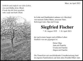 Traueranzeige von Siegfried Fischer von Marbacher Zeitung