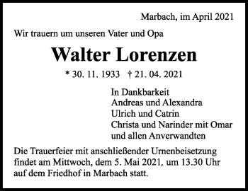 Traueranzeige von Walter Lorenzen von Marbacher Zeitung