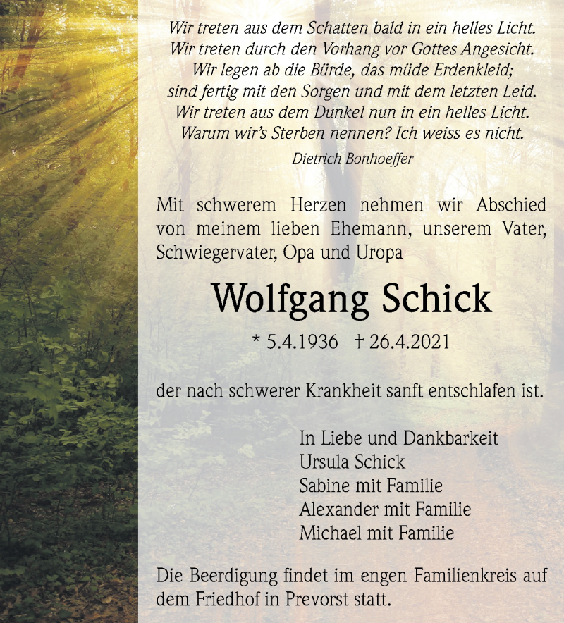  Traueranzeige für Wolfgang Schick vom 30.04.2021 aus Marbacher Zeitung