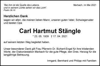 Traueranzeige von Carl Hartmut Stängle von Marbacher Zeitung
