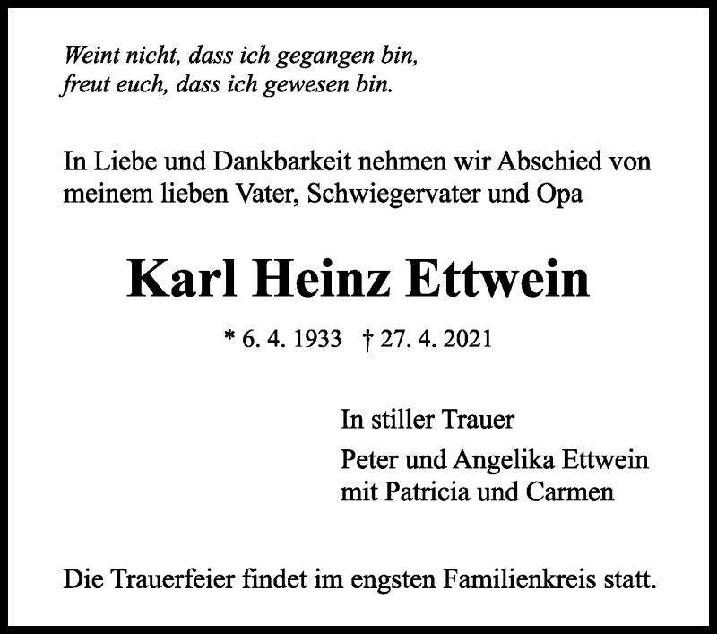  Traueranzeige für Karl Heinz Ettwein vom 03.05.2021 aus Marbacher Zeitung