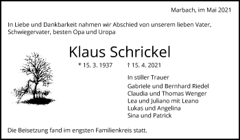 Traueranzeige von Klaus Schrickel von Marbacher Zeitung