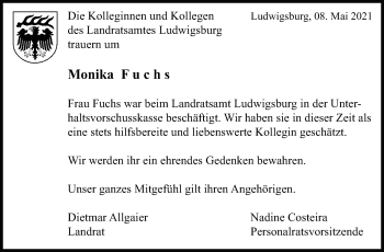 Traueranzeige von Monika Fuchs von Marbacher Zeitung