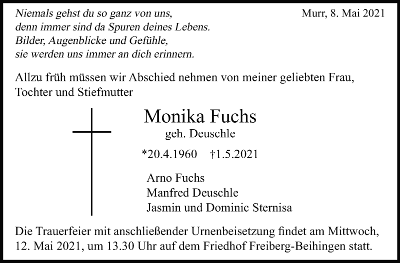  Traueranzeige für Monika Fuchs vom 08.05.2021 aus Marbacher Zeitung