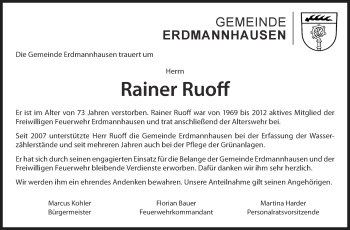 Traueranzeige von Rainer Ruoff von Marbacher Zeitung