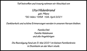 Traueranzeige von Uta Hildenbrand von Marbacher Zeitung