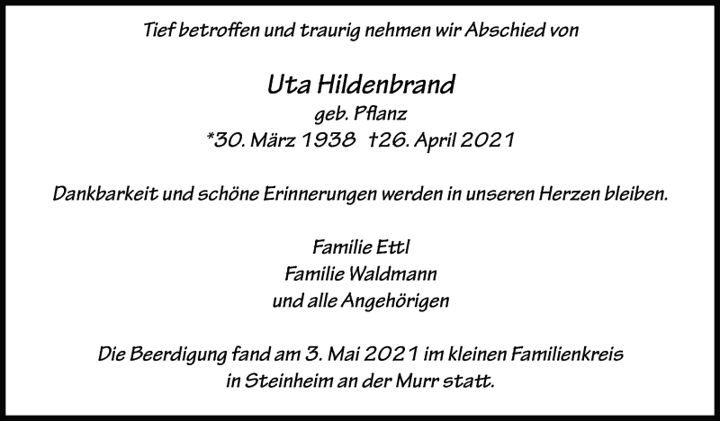  Traueranzeige für Uta Hildenbrand vom 04.05.2021 aus Marbacher Zeitung
