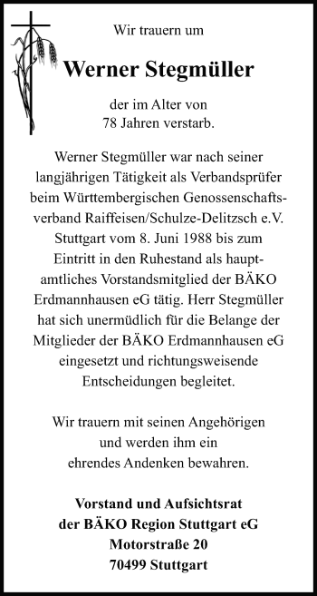 Traueranzeige von Werner Stegmüller von Marbacher Zeitung