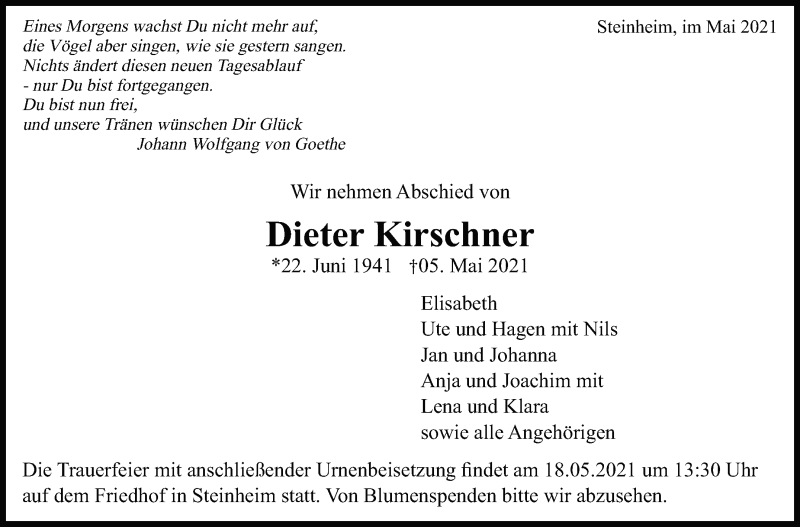  Traueranzeige für Dieter Kirschner vom 14.05.2021 aus Marbacher Zeitung