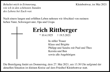 Traueranzeige von Erich Rittberger von Marbacher Zeitung