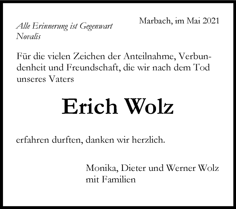 Traueranzeige für Erich Wolz vom 15.05.2021 aus Marbacher Zeitung