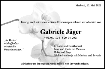 Traueranzeige von Gabriele Jäger von Marbacher Zeitung