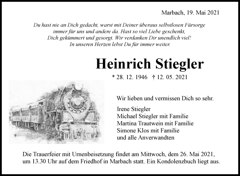  Traueranzeige für Heinrich Stiegler vom 19.05.2021 aus Marbacher Zeitung