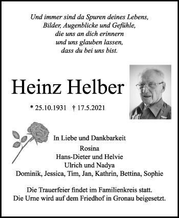 Traueranzeige von Heinz Helber von Marbacher Zeitung