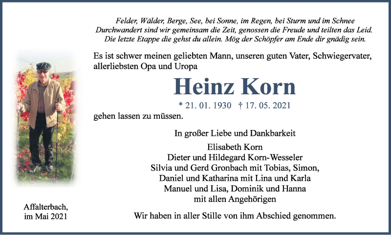  Traueranzeige für Heinz Korn vom 22.05.2021 aus Marbacher Zeitung
