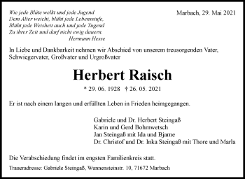 Traueranzeige von Herbert Raisch von Marbacher Zeitung