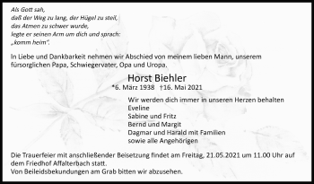Traueranzeige von Horst Biehler von Marbacher Zeitung