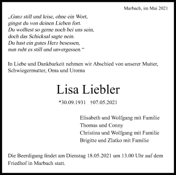 Traueranzeige von Lisa Liebler von Marbacher Zeitung