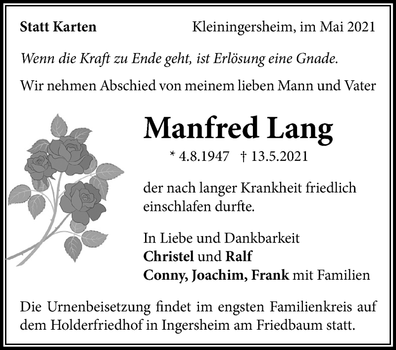  Traueranzeige für Manfred Lang vom 19.05.2021 aus Marbacher Zeitung