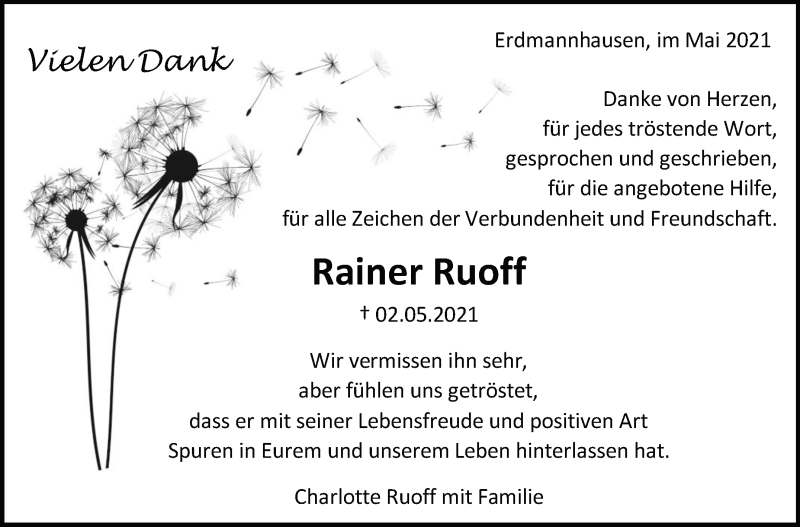  Traueranzeige für Rainer Ruoff vom 21.05.2021 aus Marbacher Zeitung
