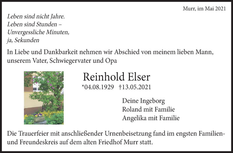  Traueranzeige für Reinhold Elser vom 28.05.2021 aus Marbacher Zeitung
