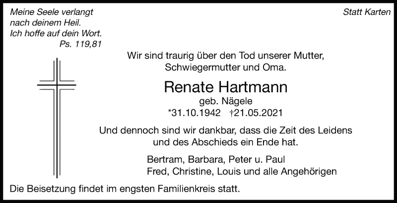  Traueranzeige für Renate Hartmann vom 26.05.2021 aus Marbacher Zeitung