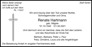 Traueranzeige von Renate Hartmann von Marbacher Zeitung