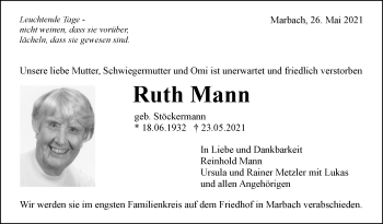 Traueranzeige von Ruth Mann von Marbacher Zeitung