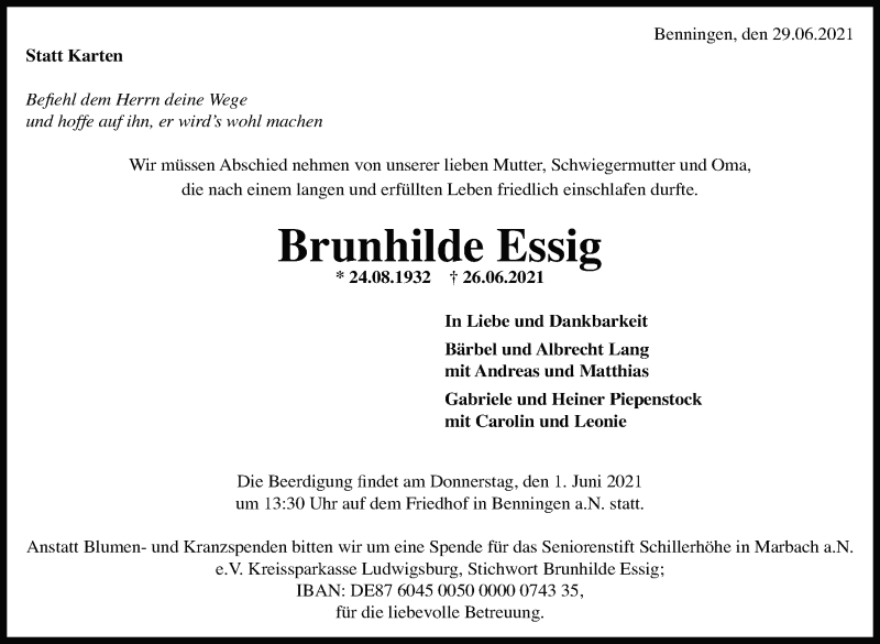  Traueranzeige für Brunhilde Essig vom 29.06.2021 aus Marbacher Zeitung