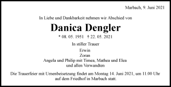 Traueranzeige von Danica Dengler von Marbacher Zeitung