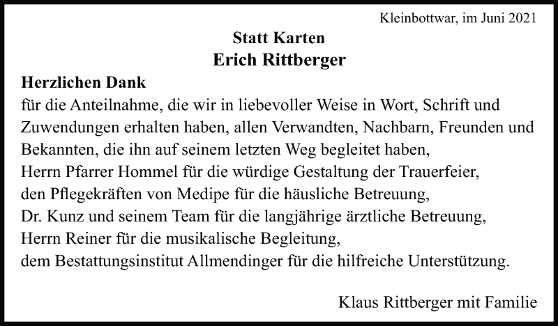  Traueranzeige für Erich Rittberger vom 12.06.2021 aus Marbacher Zeitung