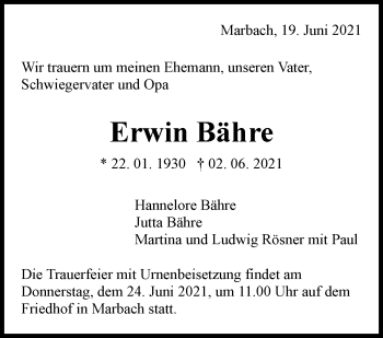 Traueranzeige von Erwin Bähre von Marbacher Zeitung