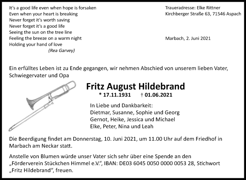 Traueranzeige für Fritz August Hildebrand vom 05.06.2021 aus Marbacher Zeitung