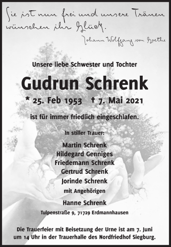 Traueranzeige von Gudrun Schrenk von Marbacher Zeitung