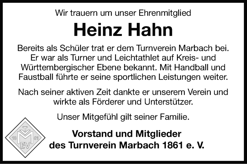  Traueranzeige für Heinz Hahn vom 16.06.2021 aus Marbacher Zeitung
