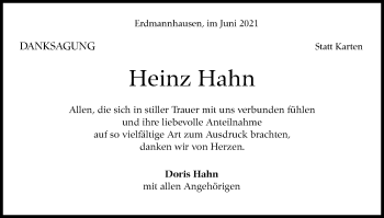 Traueranzeige von Heinz Hahn von Marbacher Zeitung