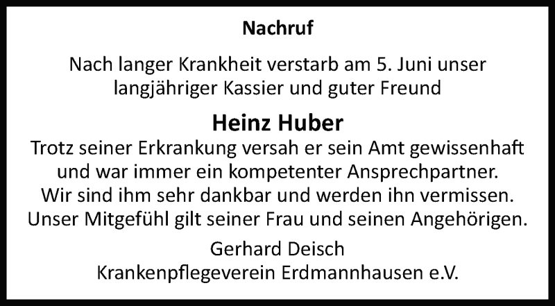  Traueranzeige für Heinz Huber vom 10.06.2021 aus Marbacher Zeitung