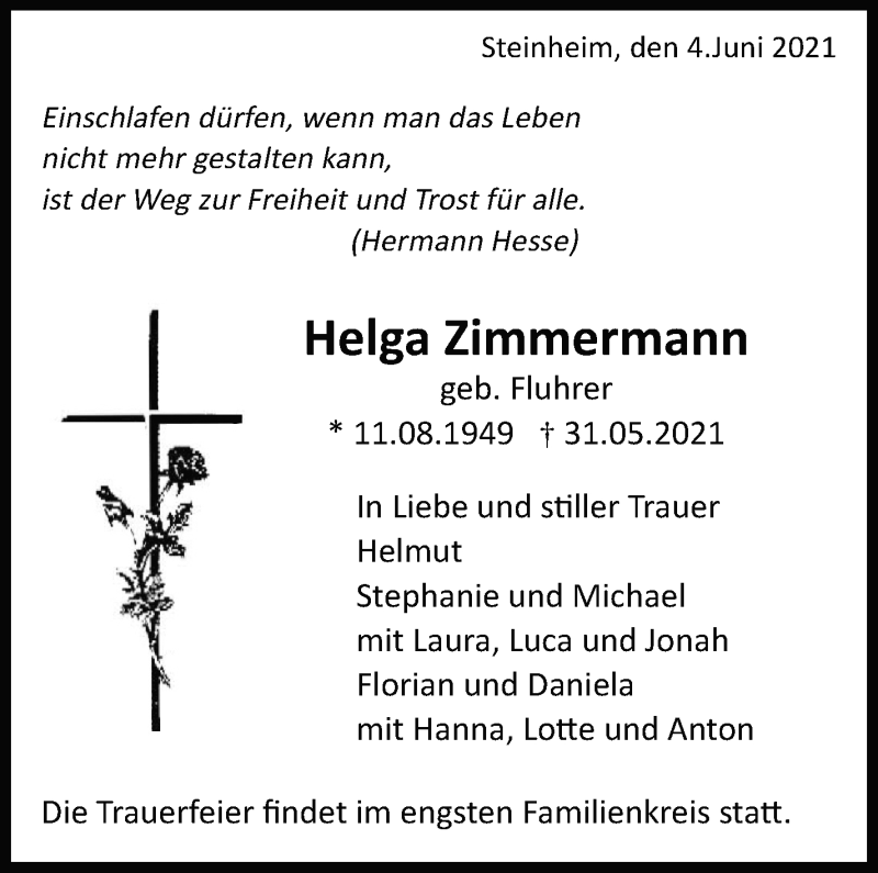  Traueranzeige für Helga Zimmermann vom 04.06.2021 aus Marbacher Zeitung